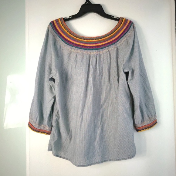 Lucky Brand Blue Striped Embroidered Cotton Top XL Boho Casual Peasant Blouse - Picture 2 of 6